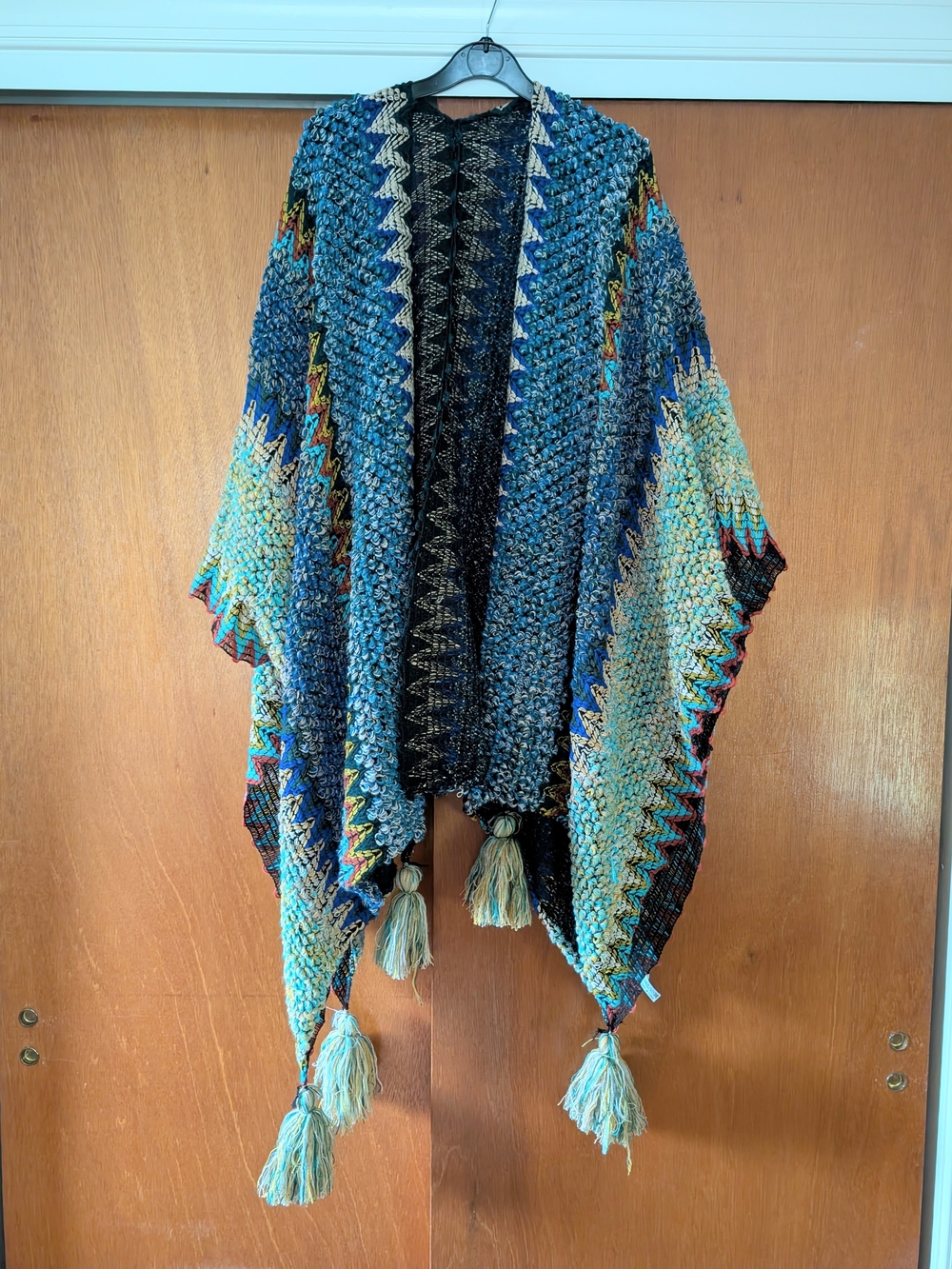 Blue Boho Woven Multi-Tone Tassel Knit Poncho Shrug for Women